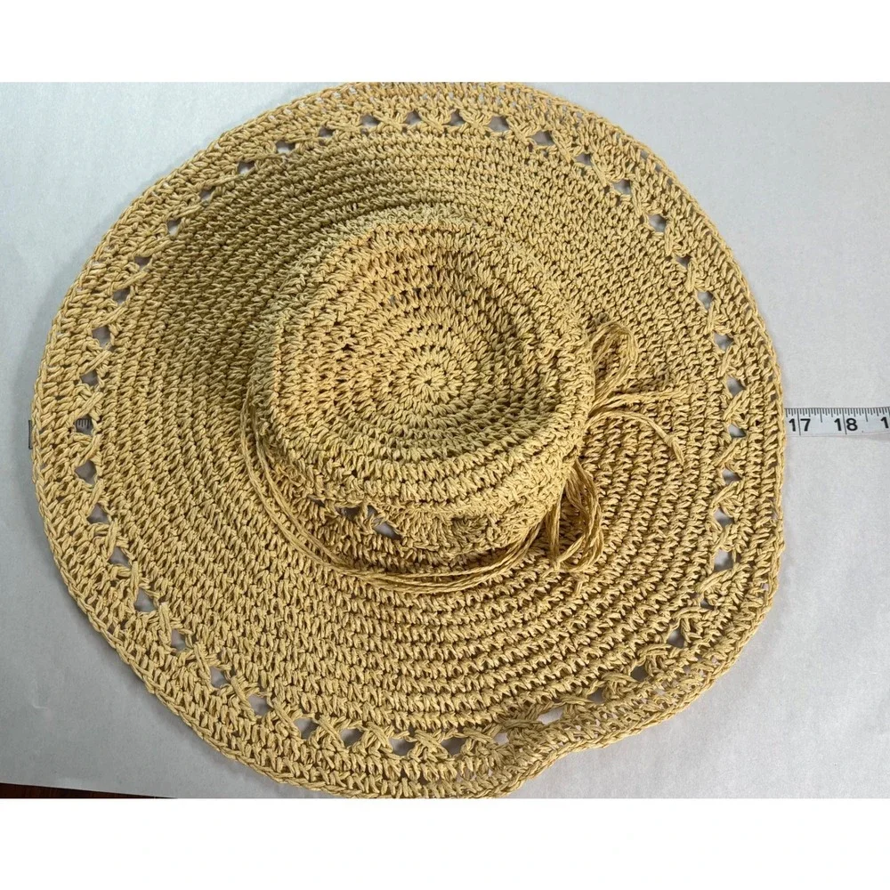 Kate Landry Womens Tan Woven Straw Wide Brim Sun Hat Crochet Packable Beach Hat